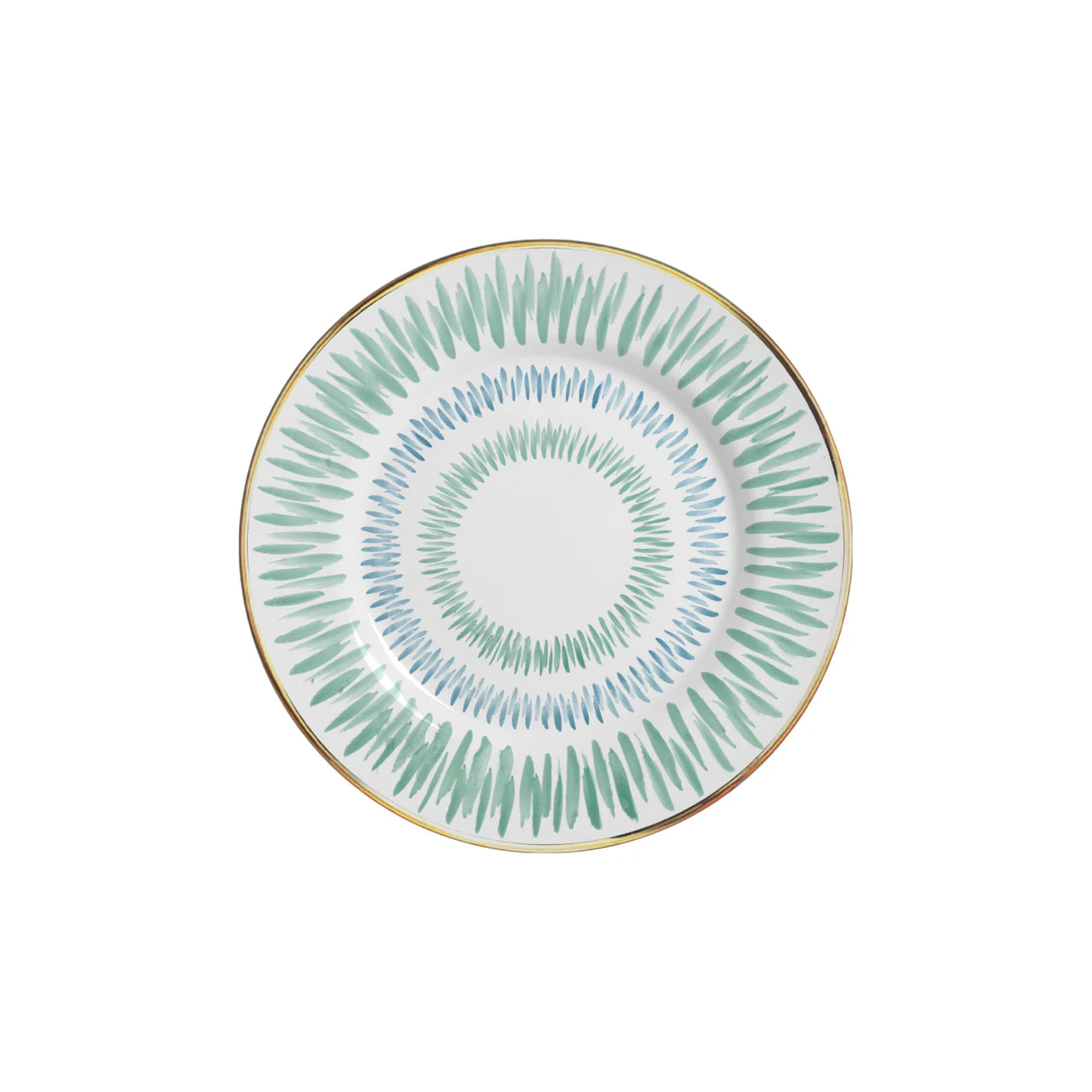 Piatti dessert in porcellana bianca decorati con raffinato motivo geometrico verde e azzurro e bordo dorato, a noleggio