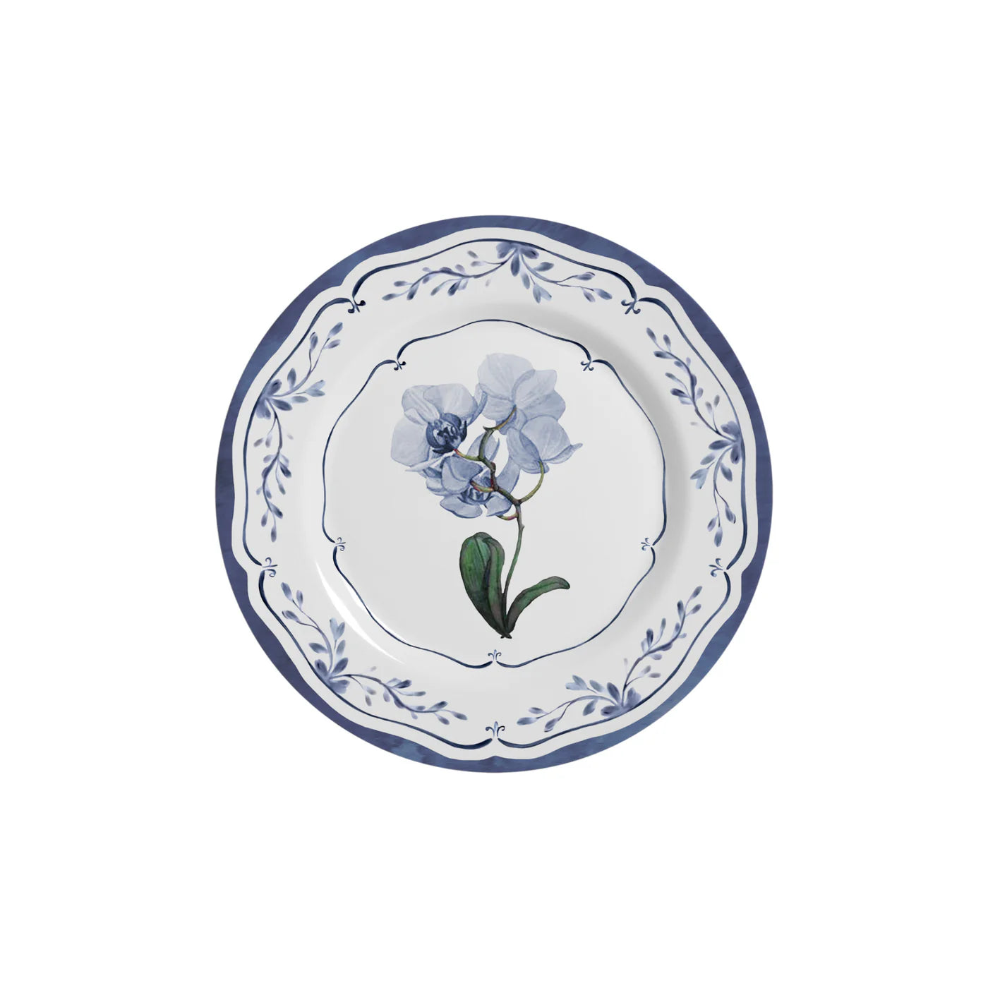 Piatti dessert in porcellana bianca decorati con motivi floreali blu, orchidea e bordo elegante, a noleggio