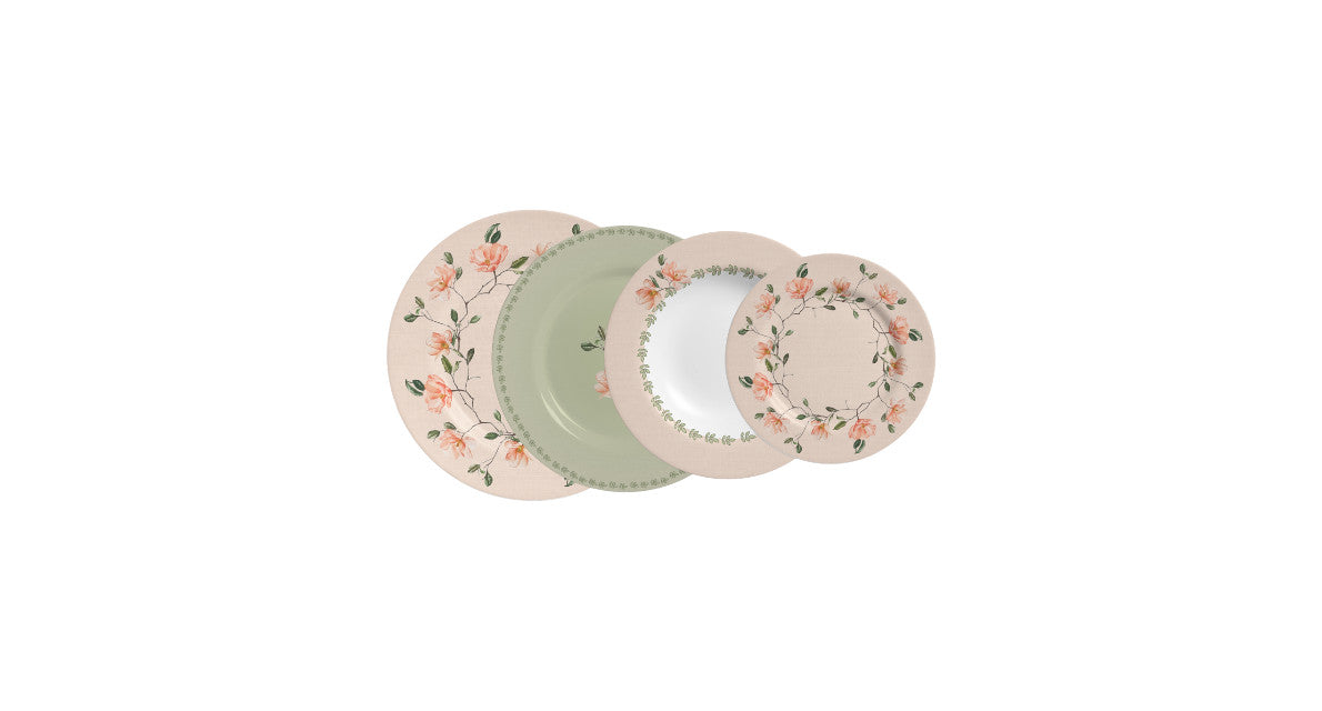 Set di piatti in porcellana con decoro floreale vintage a fiori rosa, disponibili a noleggio per matrimoni e catering.