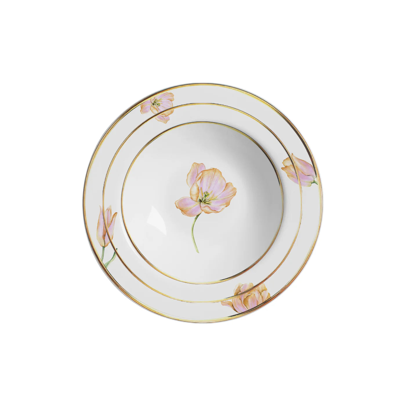 Piatti fondi in porcellana bianca decorati con fiori rosa e arancio e sottili fili dorati concentrici, a noleggio a Roma