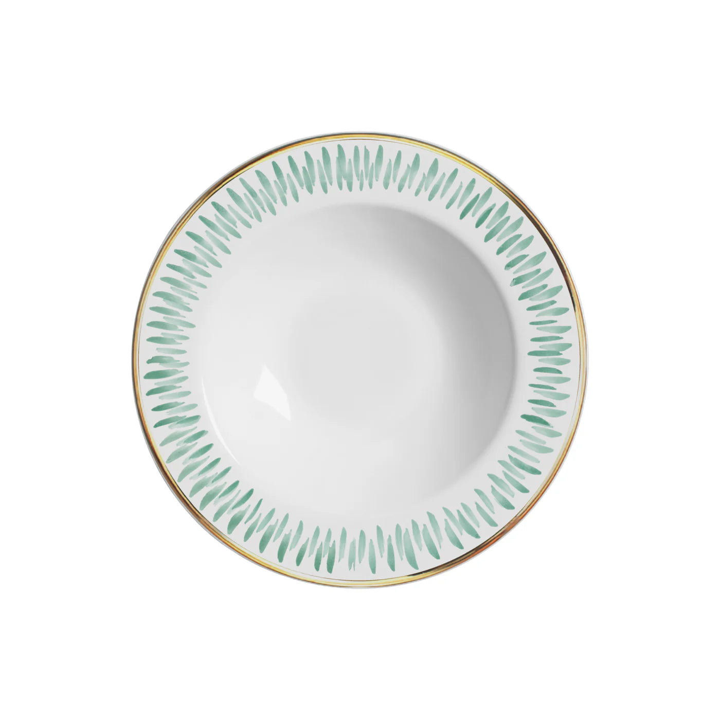 Piatti fondi in porcellana bianca decorati con raffinato motivo geometrico verde e azzurro e bordo dorato, a noleggio.