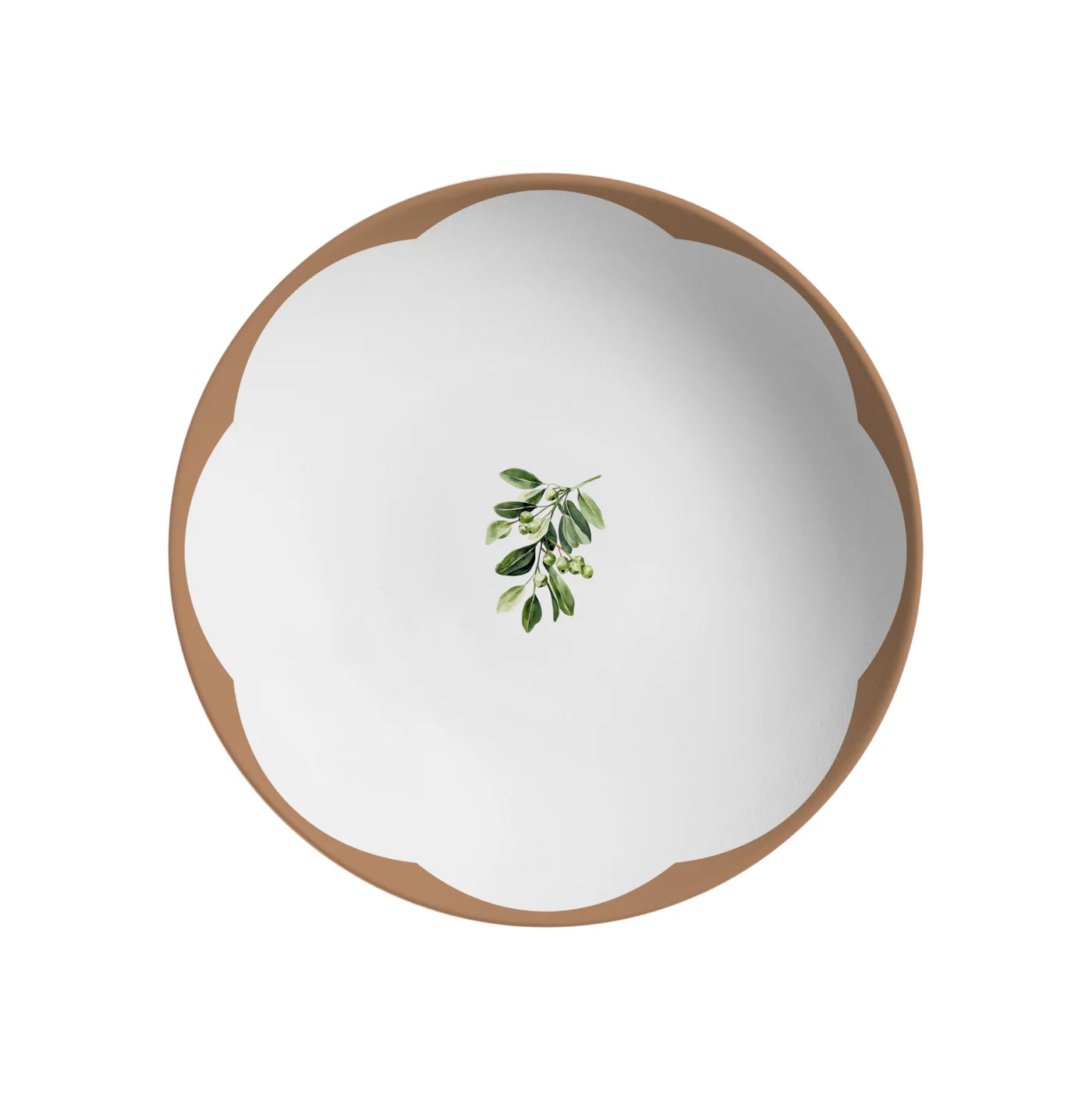 Piatti fondi in porcellana bianca con bordo color terracotta sagomato e decoro centrale a ramo di olivo, a noleggio