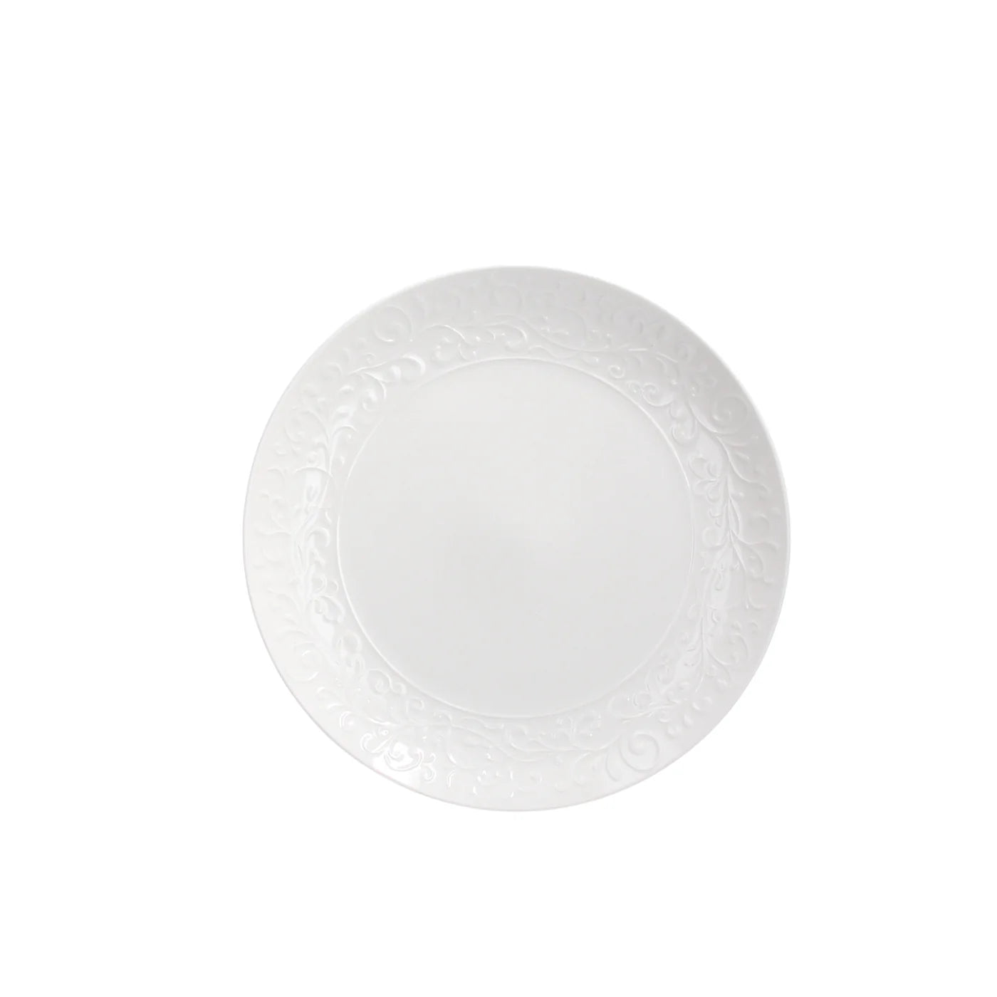 Piatti pane bianchi in porcellana con decoro floreale elegante in rilievo tono su tono sul bordo, a noleggio per matrimoni