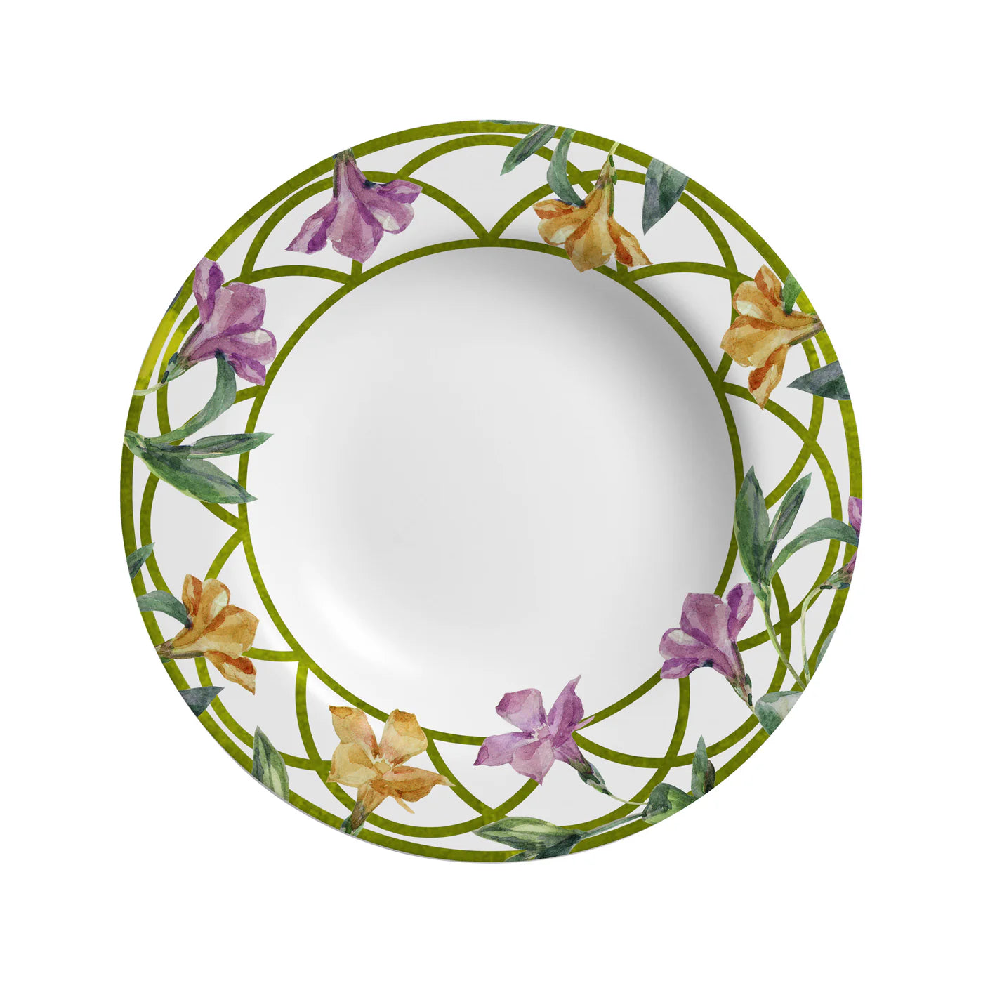 Piatti piani in porcellana bianca decorati con fiori colorati e bordo verde a intreccio, a noleggio per matrimoni ed eventi