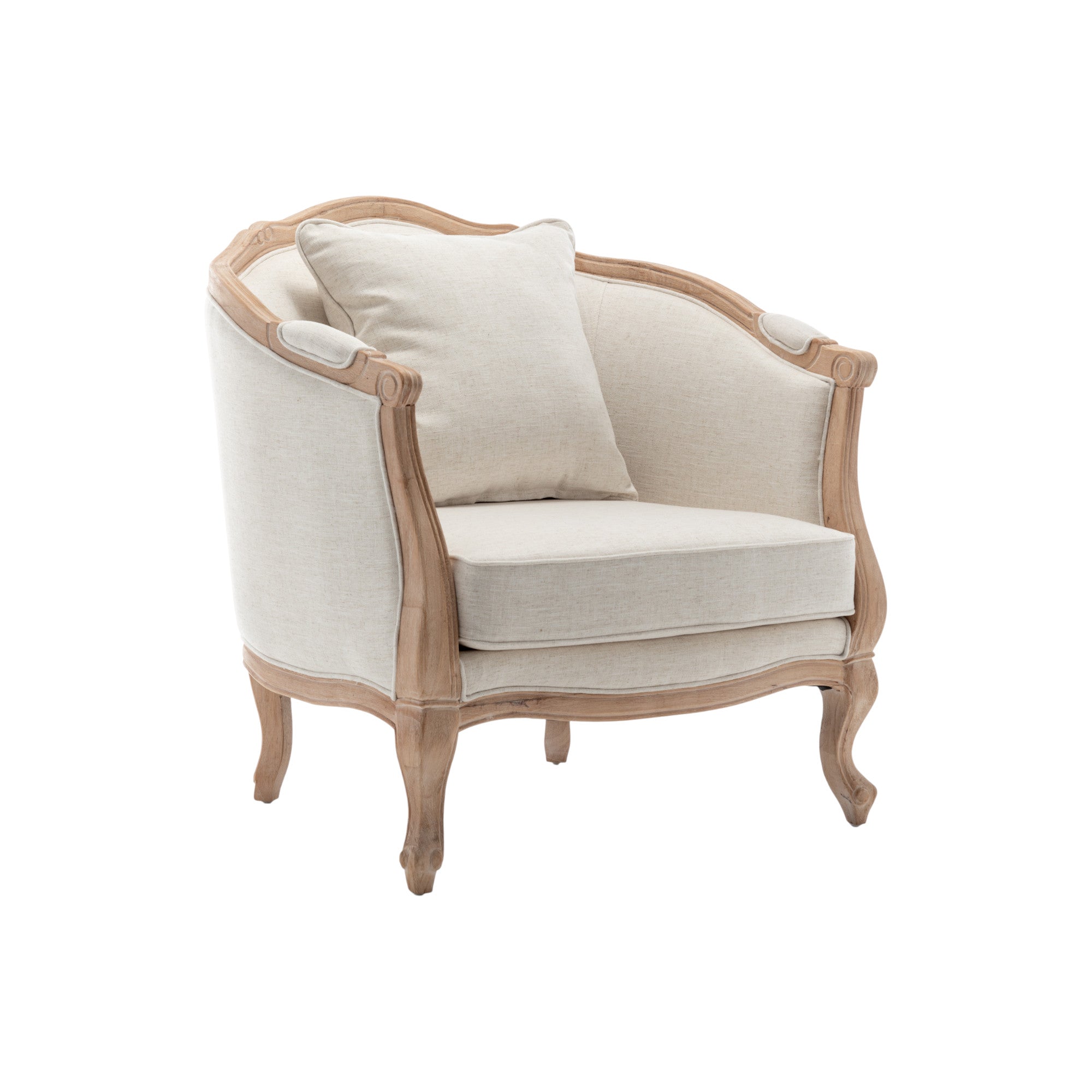 Poltrona classica francese imbottita in legno chiaro con cuscini crema e dettagli curvi, a noleggio per lounge ed eventi