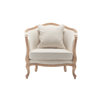 Poltrona classica francese imbottita in legno chiaro con cuscini crema e dettagli curvi, a noleggio per lounge ed eventi