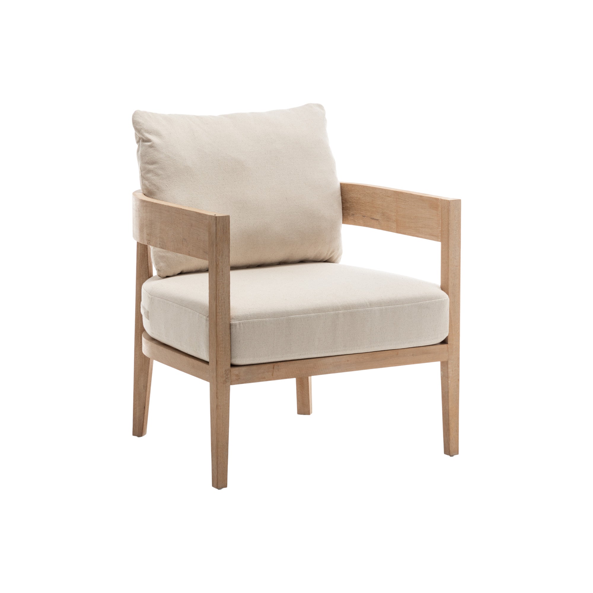 Poltrona in legno naturale con cuscini crema dallo stile essenziale e minimalista, a noleggio per lounge eventi nel Lazio