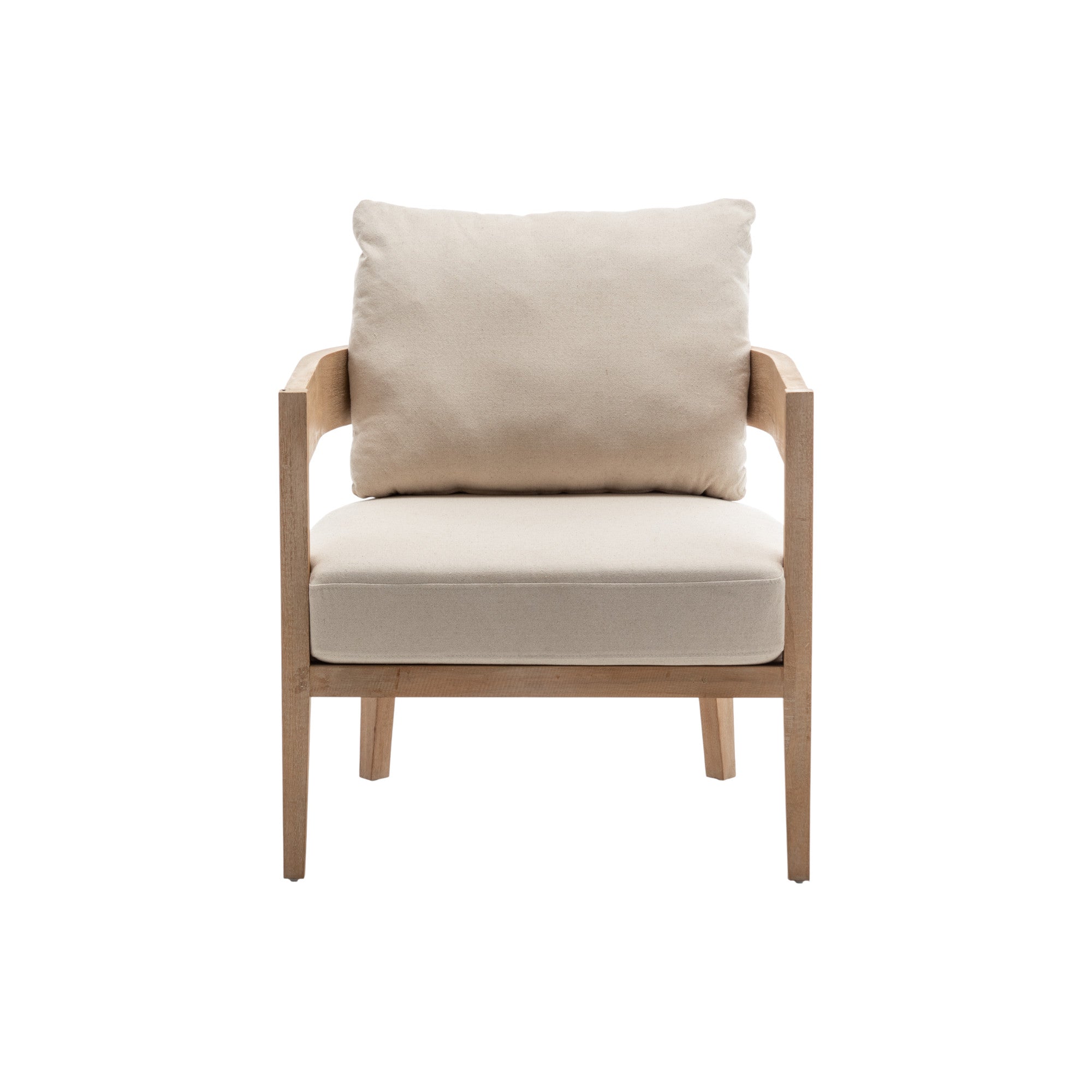 Poltrona in legno naturale con cuscini crema dallo stile essenziale e minimalista, a noleggio per lounge eventi a Roma.
