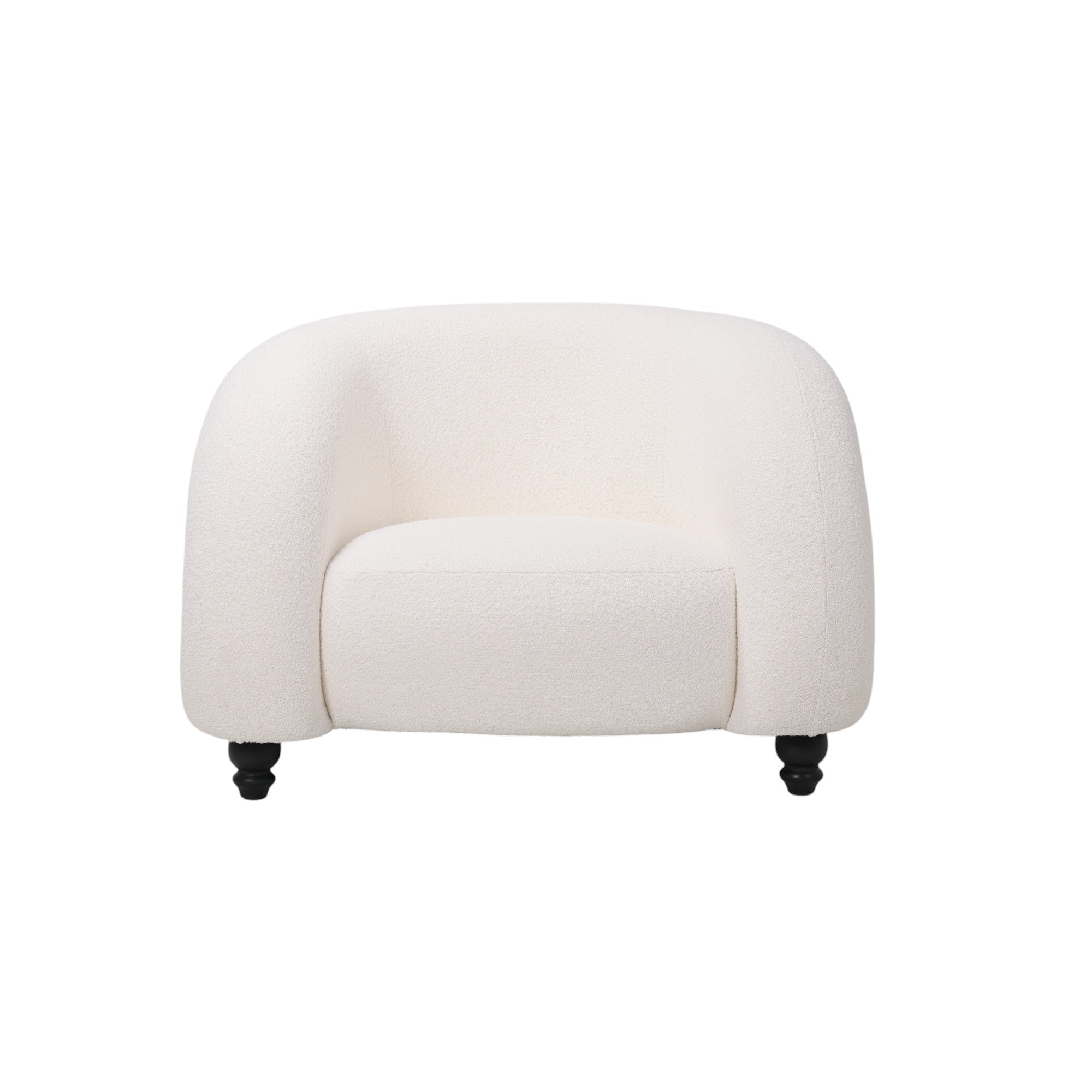 Poltrona imbottita design moderno in tessuto bouclè bianco con gambe nere e forma avvolgente e tondeggiante,a noleggio