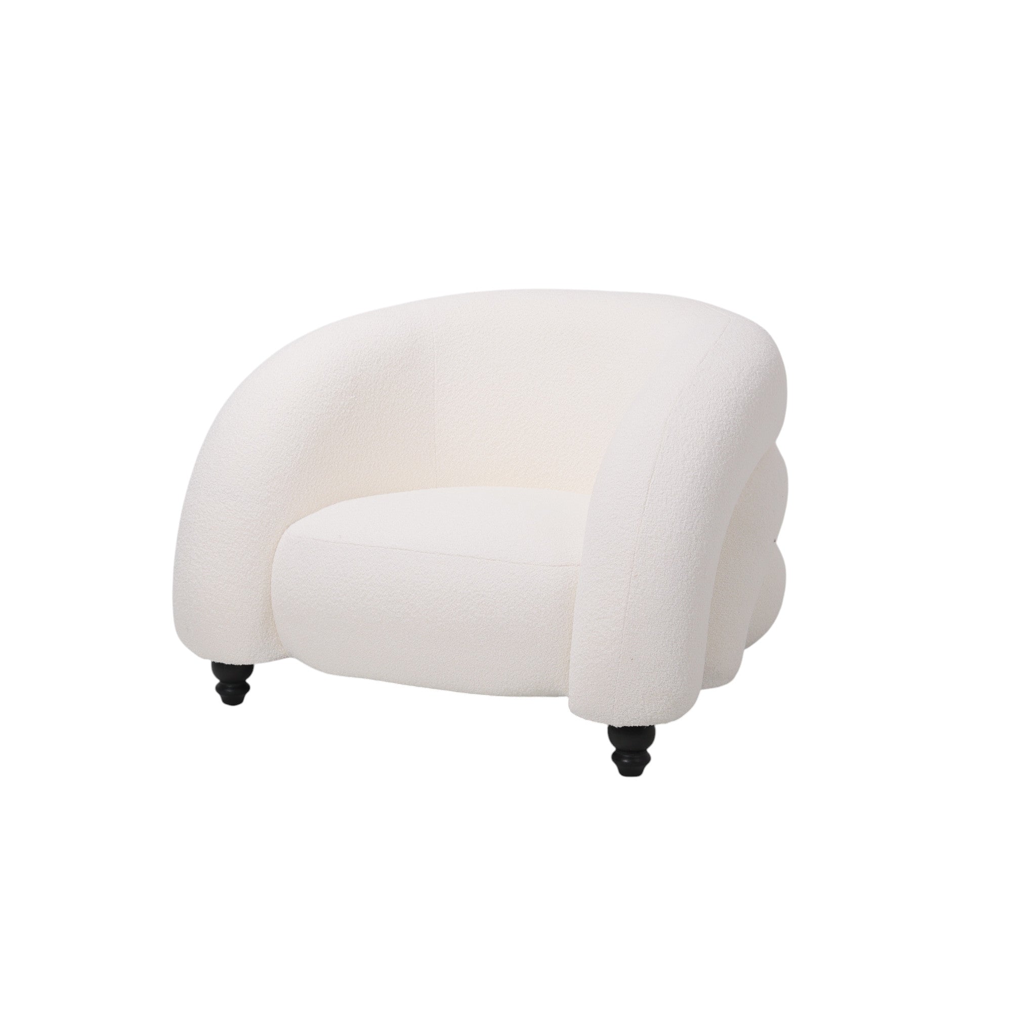 Poltrona imbottita design moderno in tessuto bouclè bianco con gambe nere e forma avvolgente e tondeggiante,a noleggio