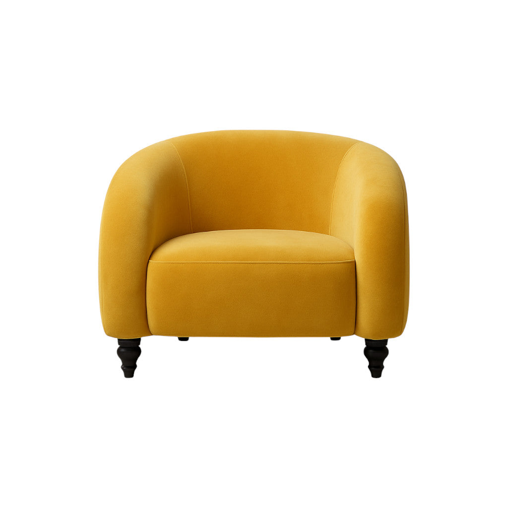 Poltrona imbottita design moderno in velluto giallo ocra con gambe nere e forma avvolgente e tondeggiante,a noleggio