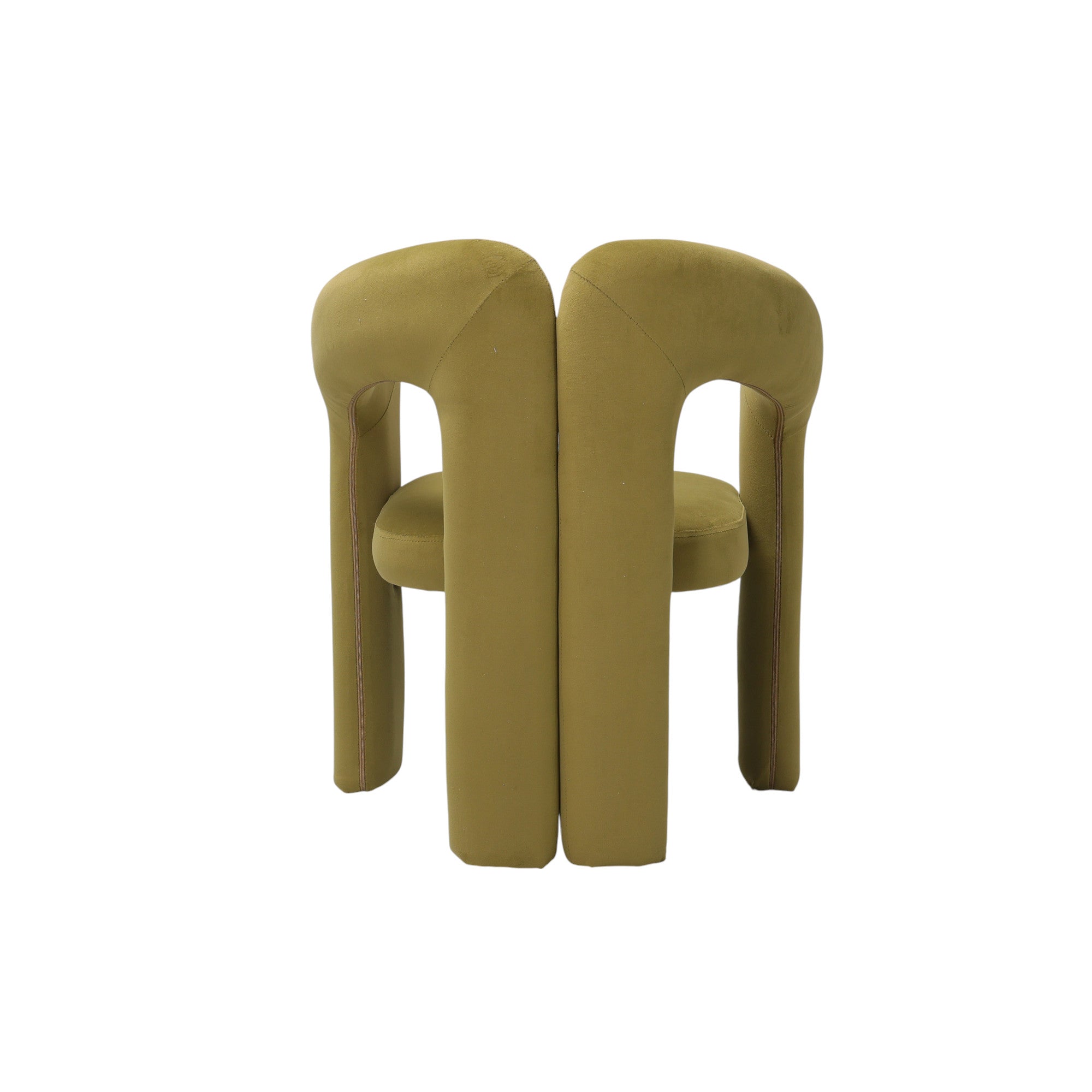 Sedia imbottita design moderno in velluto verde oliva con schienale avvolgente spezzato e linee morbide, a noleggio per eventi