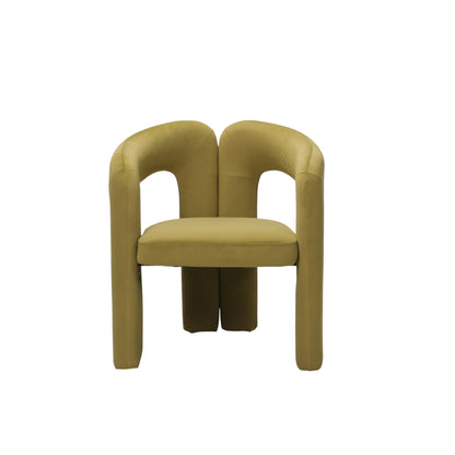 Sedia imbottita design moderno in velluto verde oliva con schienale avvolgente spezzato e linee morbide, a noleggio a Roma