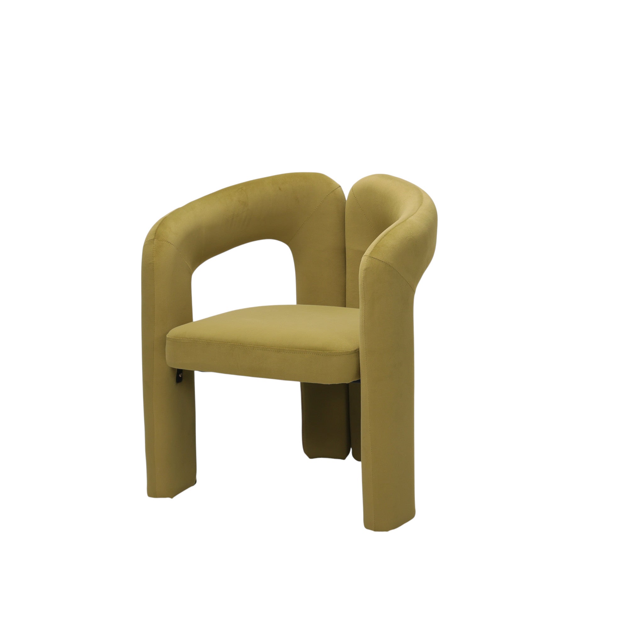 Sedia imbottita design moderno in velluto verde oliva con schienale avvolgente spezzato e linee morbide, a noleggio per matrimoni