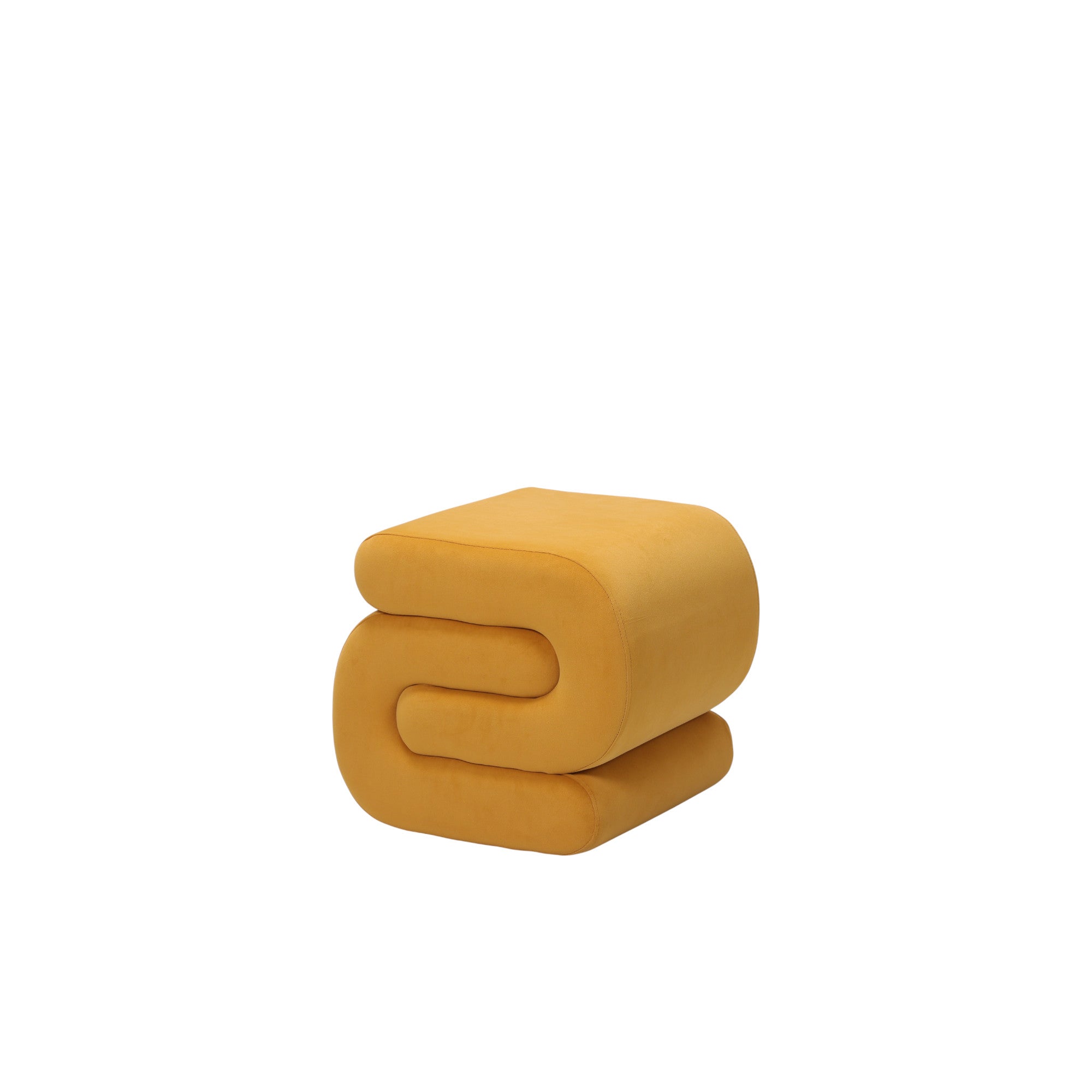 Pouf imbottito design moderno in velluto giallo e forma sinuosa e avvolgente in linea continua, a noleggio per eventi.