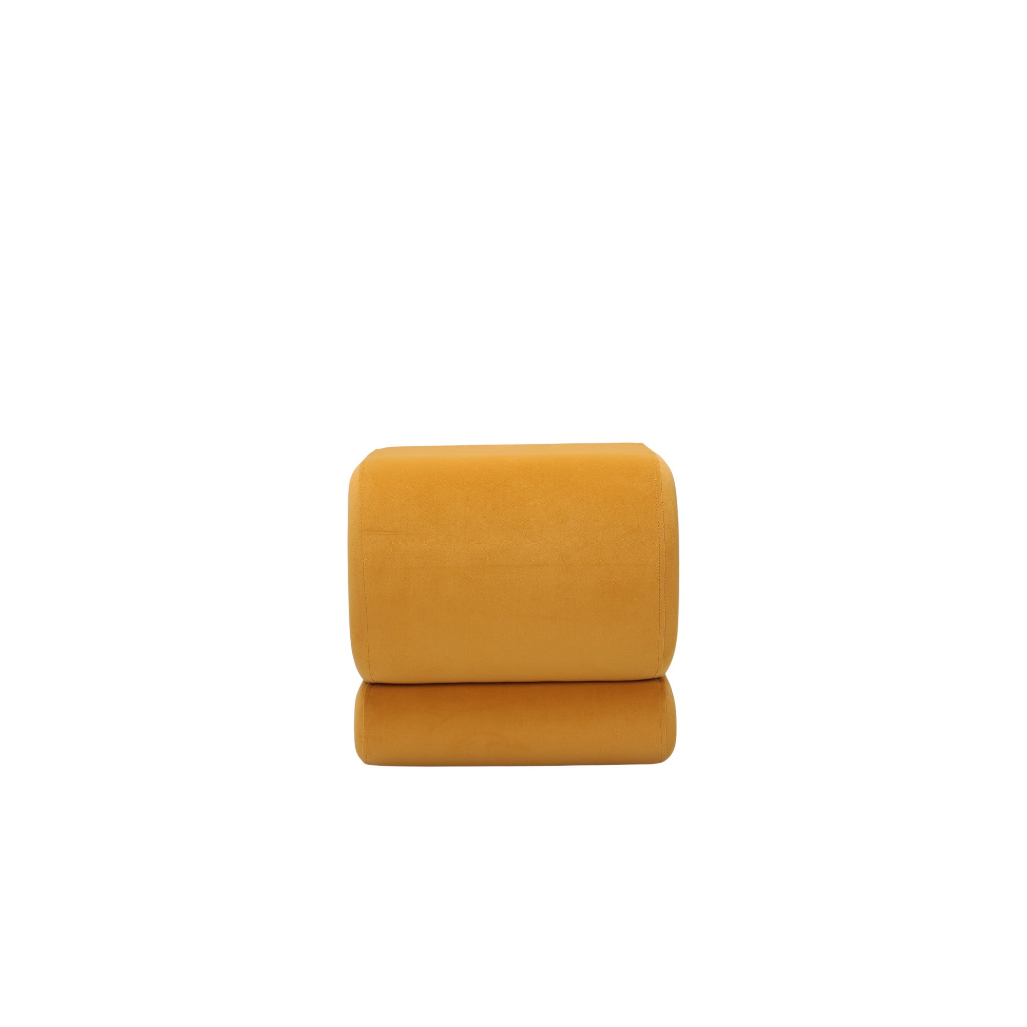 Pouf imbottito design moderno in velluto giallo e forma sinuosa e avvolgente in linea continua, a noleggio nel Lazio.
