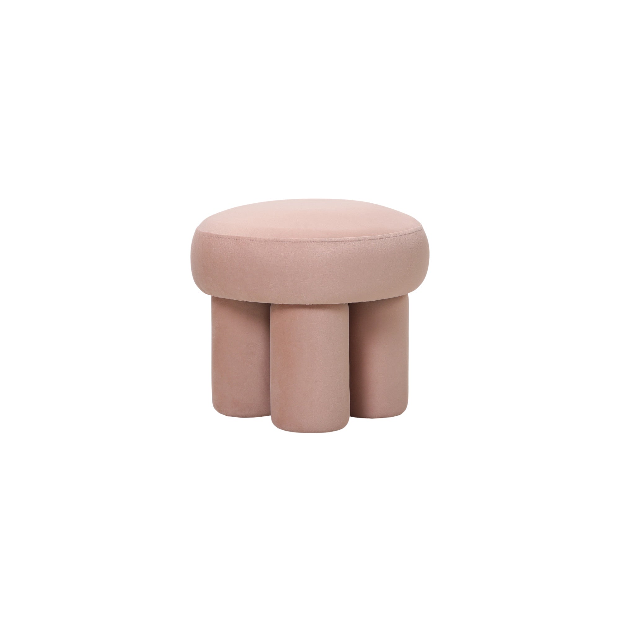 Pouf rotondo design moderno in velluto rosa cipria con gambe cilindriche, linee morbide, a noleggio per eventi a Roma.

