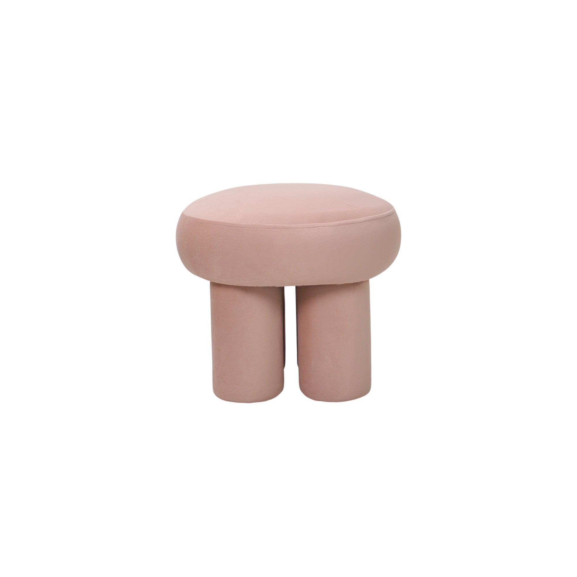 Pouf rotondo design moderno in velluto rosa cipria con gambe cilindriche, linee morbide, a noleggio nel Lazio.
