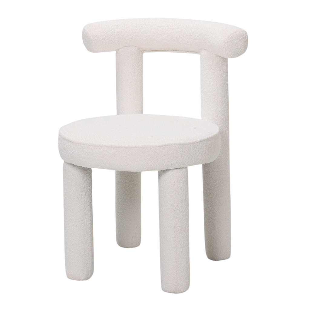 Sedia imbottita bianca bouclé in velluto con schienale curvo e gambe cilindriche di design contemporaneo, a noleggio