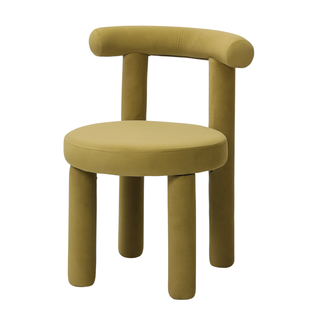 Sedia imbottita verde oliva in velluto con schienale curvo e gambe cilindriche di design contemporaneo, a noleggio
