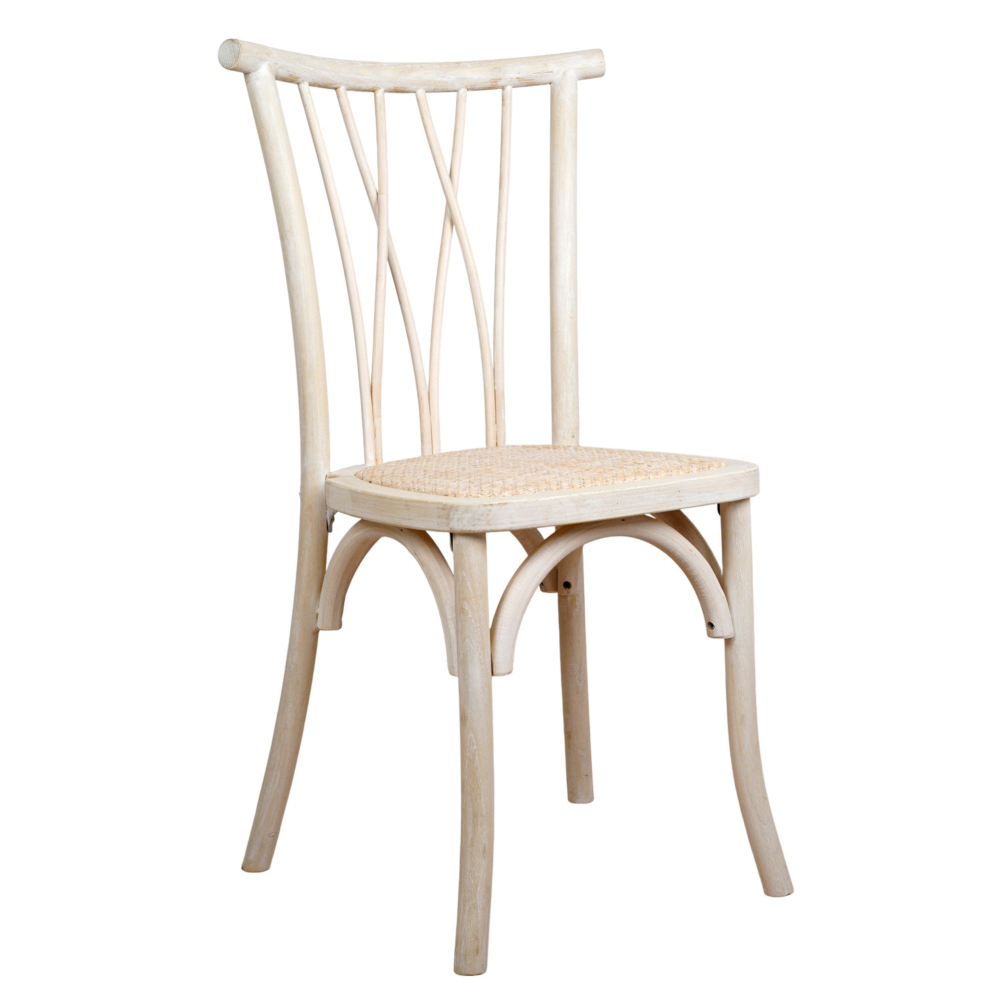 Sedia in legno naturale con schienale a stecche incrociate a W e seduta liscia, alternativa alla sedia crossback, a noleggio a Roma per eventi