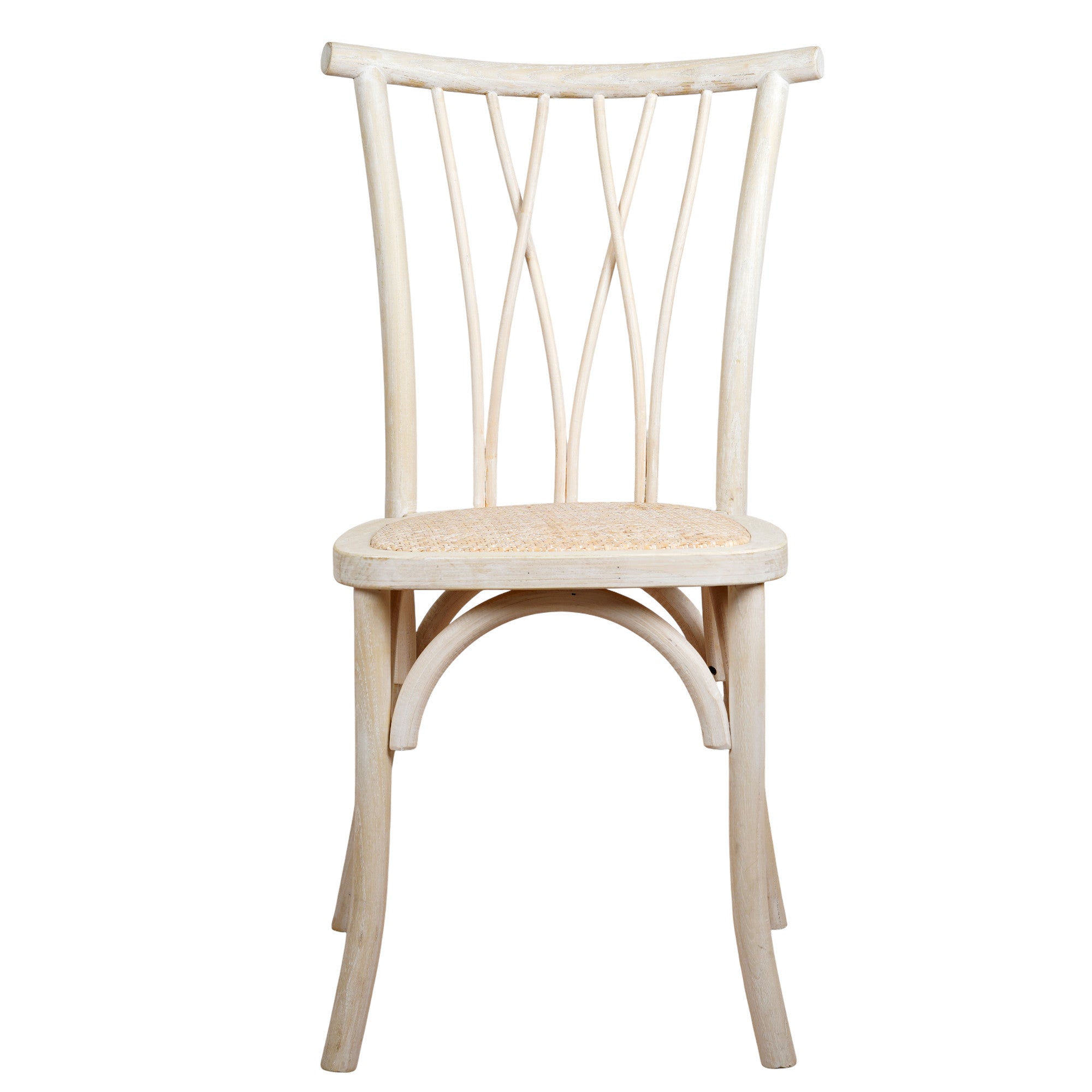 Sedia in legno naturale con schienale a stecche incrociate a W e seduta liscia, alternativa alla sedia crossback, a noleggio