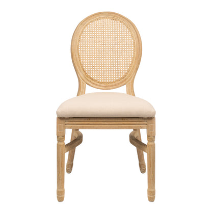 Sedia in legno chiaro con schienale ovale in rattan paglia di Vienna e seduta imbottita crema, a noleggio per matrimoni