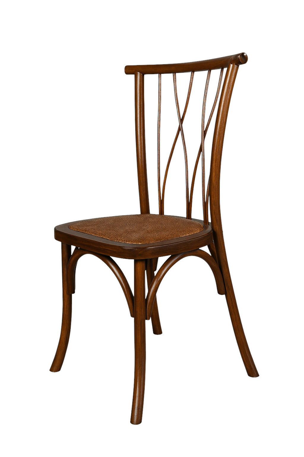 Sedia in legno scuro con schienale a stecche incrociate a W e seduta liscia, alternativa alla sedia crossback, a noleggio