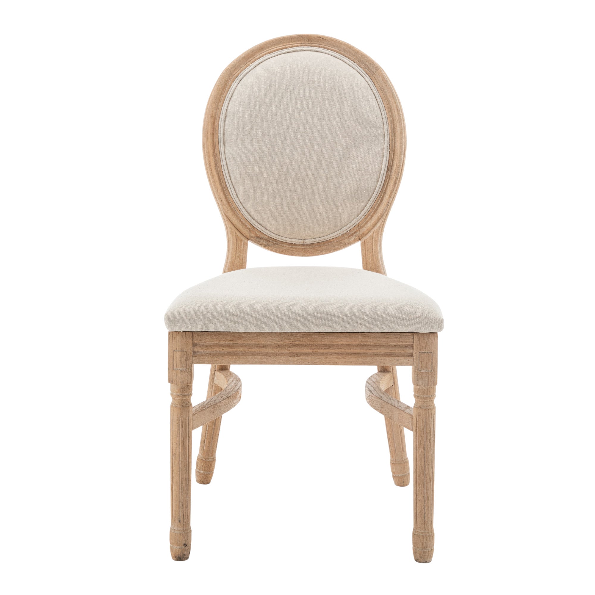 Sedia stile Luigi XVI in legno con schienale rotondo e seduta imbottita in tessuto chiaro, disponibile a noleggio a Roma