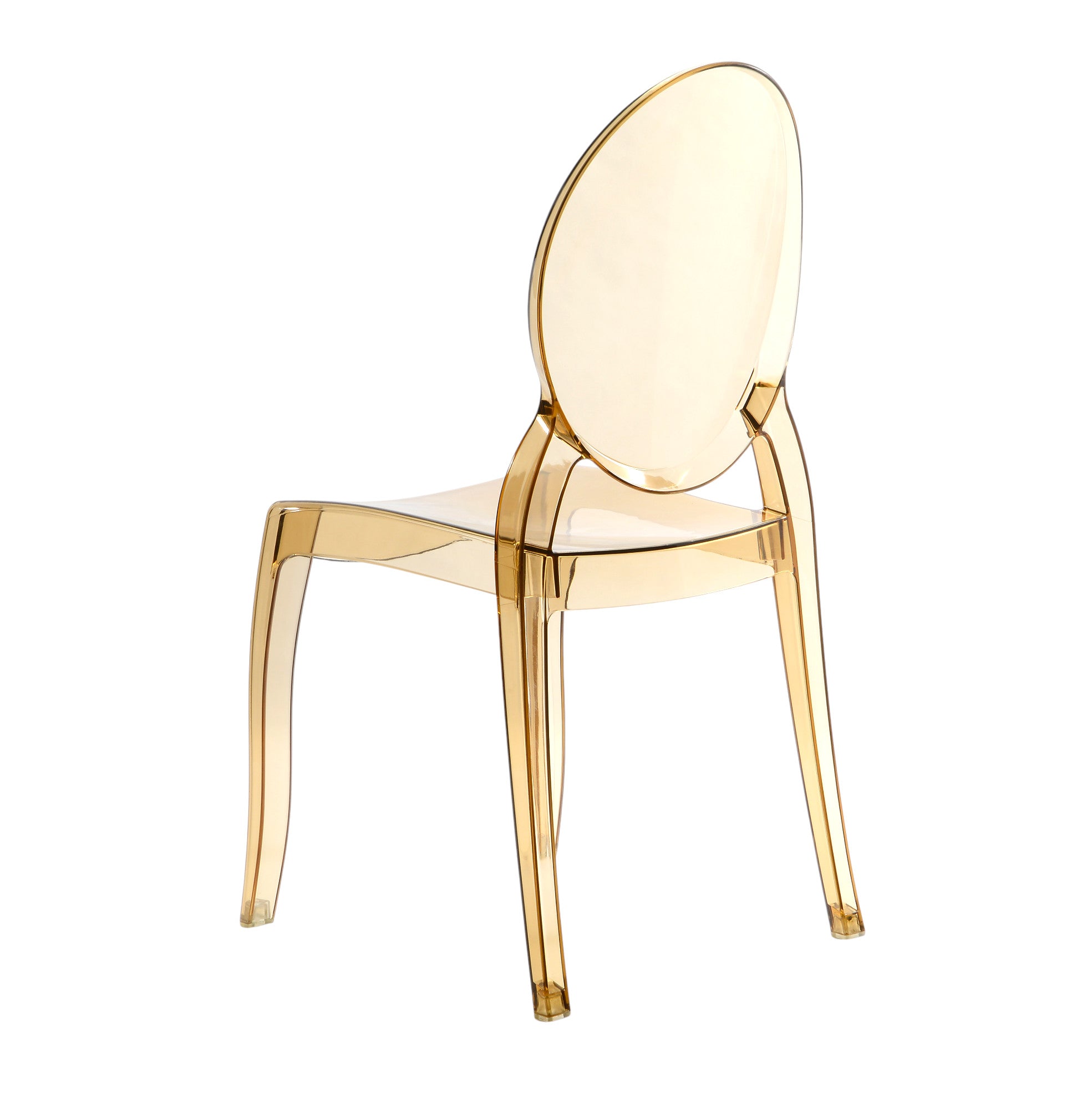 Sedia in policarbonato trasparente color ambra in stile Ghost con schienale tondo, dal design moderno ed elegante, a noleggio per eventi