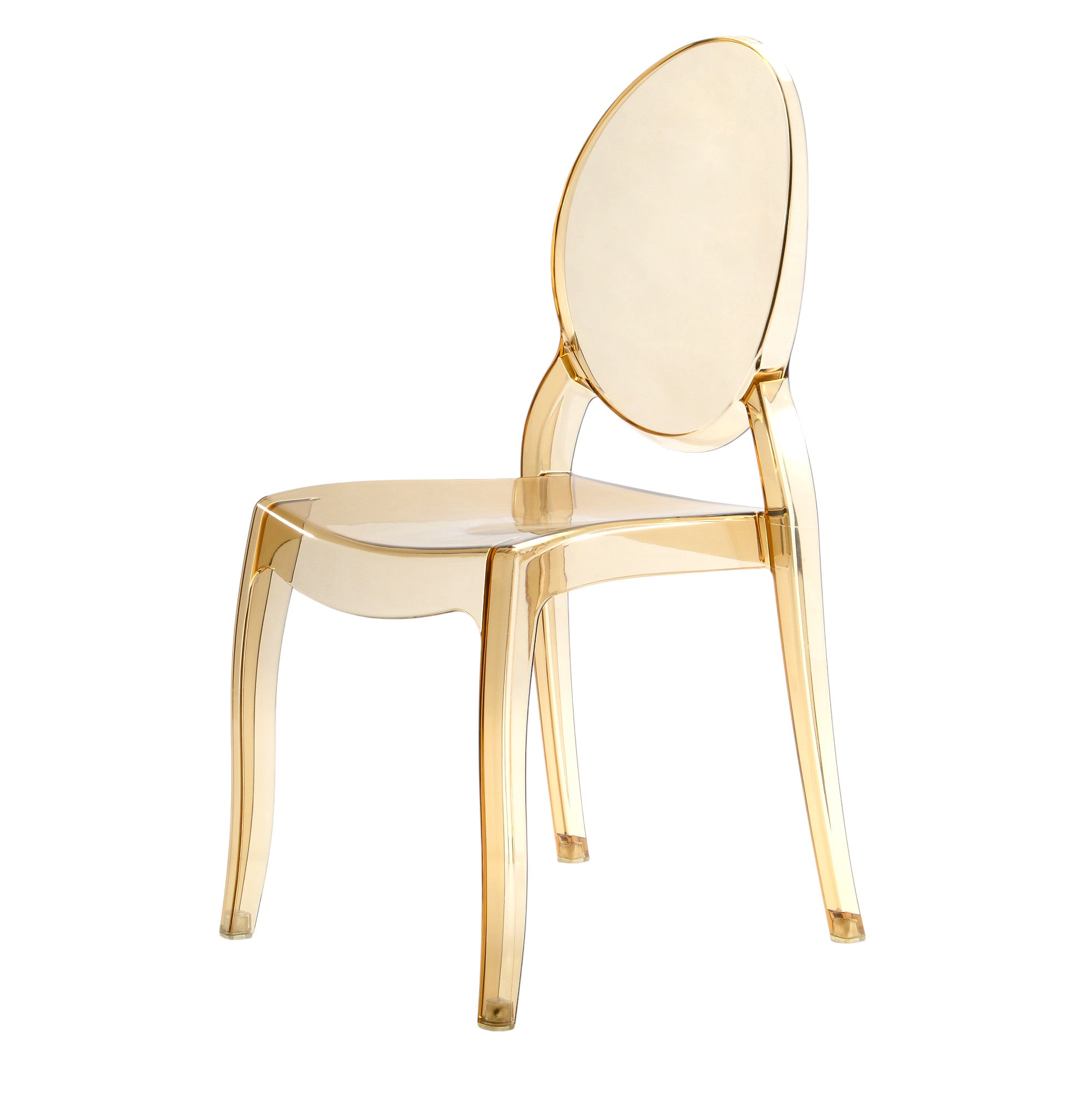 Sedia in policarbonato trasparente color ambra in stile Ghost con schienale tondo, dal design moderno ed elegante, a noleggio per eventi