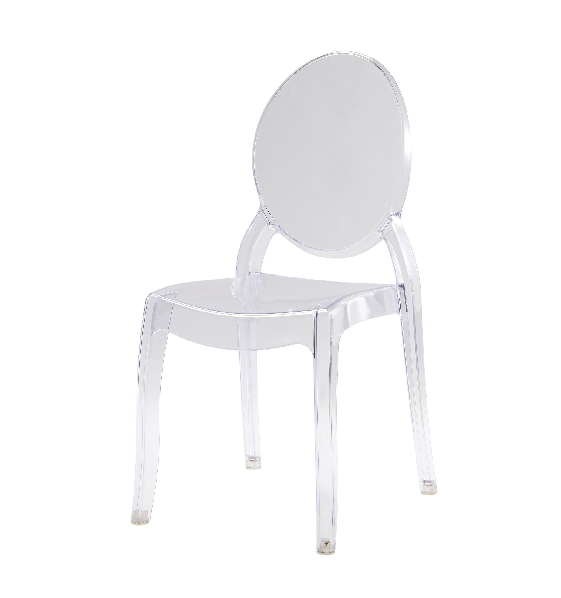 Sedia in policarbonato trasparente in stile Ghost con schienale tondo dal design moderno ed elegante, a noleggio per matrimoni