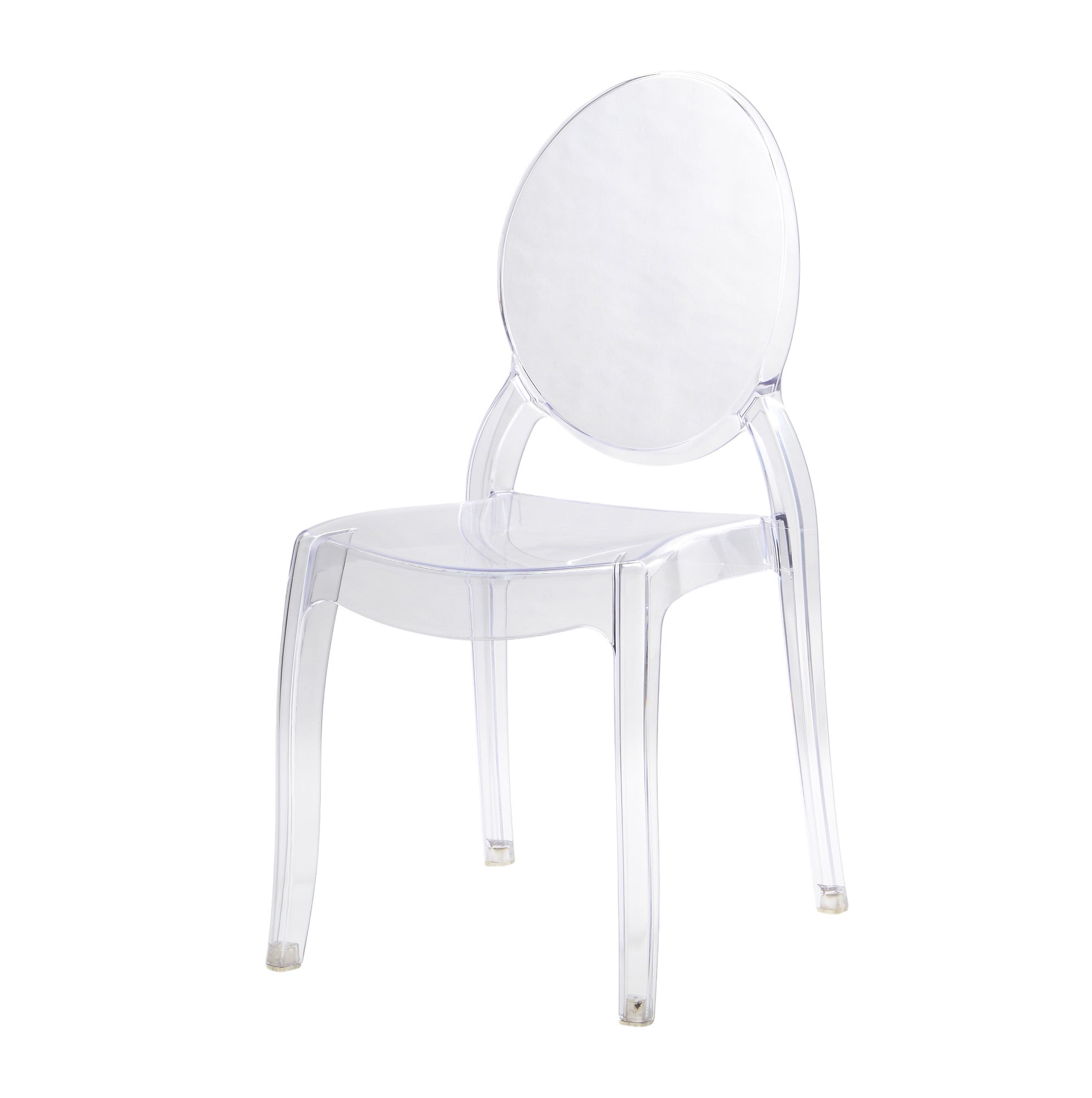 Sedia in policarbonato trasparente in stile Ghost con schienale tondo dal design moderno ed elegante, a noleggio