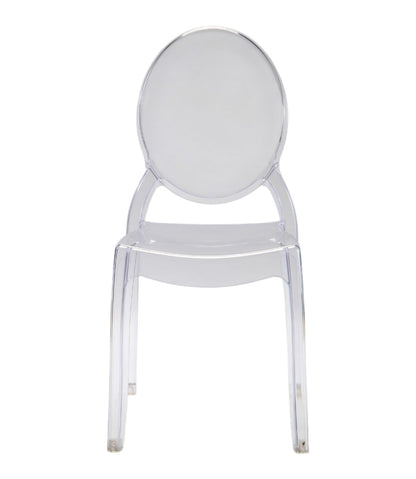 Sedia in policarbonato trasparente in stile Ghost con schienale tondo dal design moderno ed elegante, a noleggio a Roma.