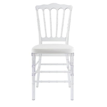 Sedia tipo chiavarina parigina tiffany in policarbonato trasparente, schienale alto e seduta liscia, a noleggio a Roma.