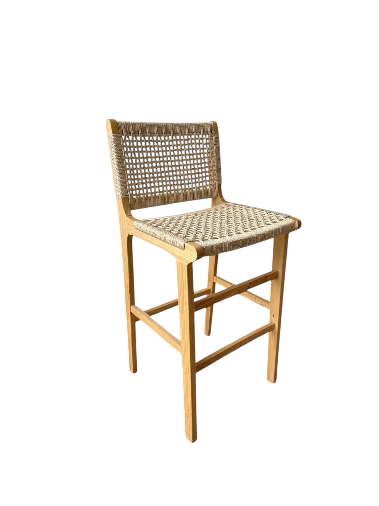 Sgabello alto in legno massello con seduta e schienale intrecciati in corda naturale, a noleggio per eventi e bar elegante