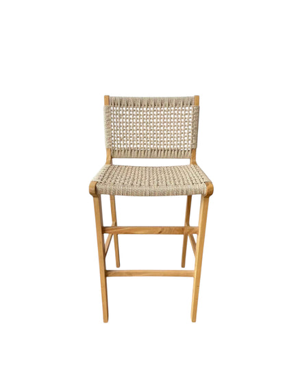 Sgabello alto in legno massello con seduta e schienale intrecciati in corda naturale, a noleggio per eventi e bar elegante