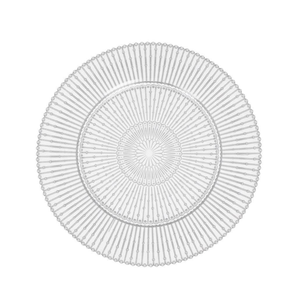 Sottopiatti in vetro trasparente decorato a raggi concentrici, a noleggio per matrimoni ed eventi a Roma.

