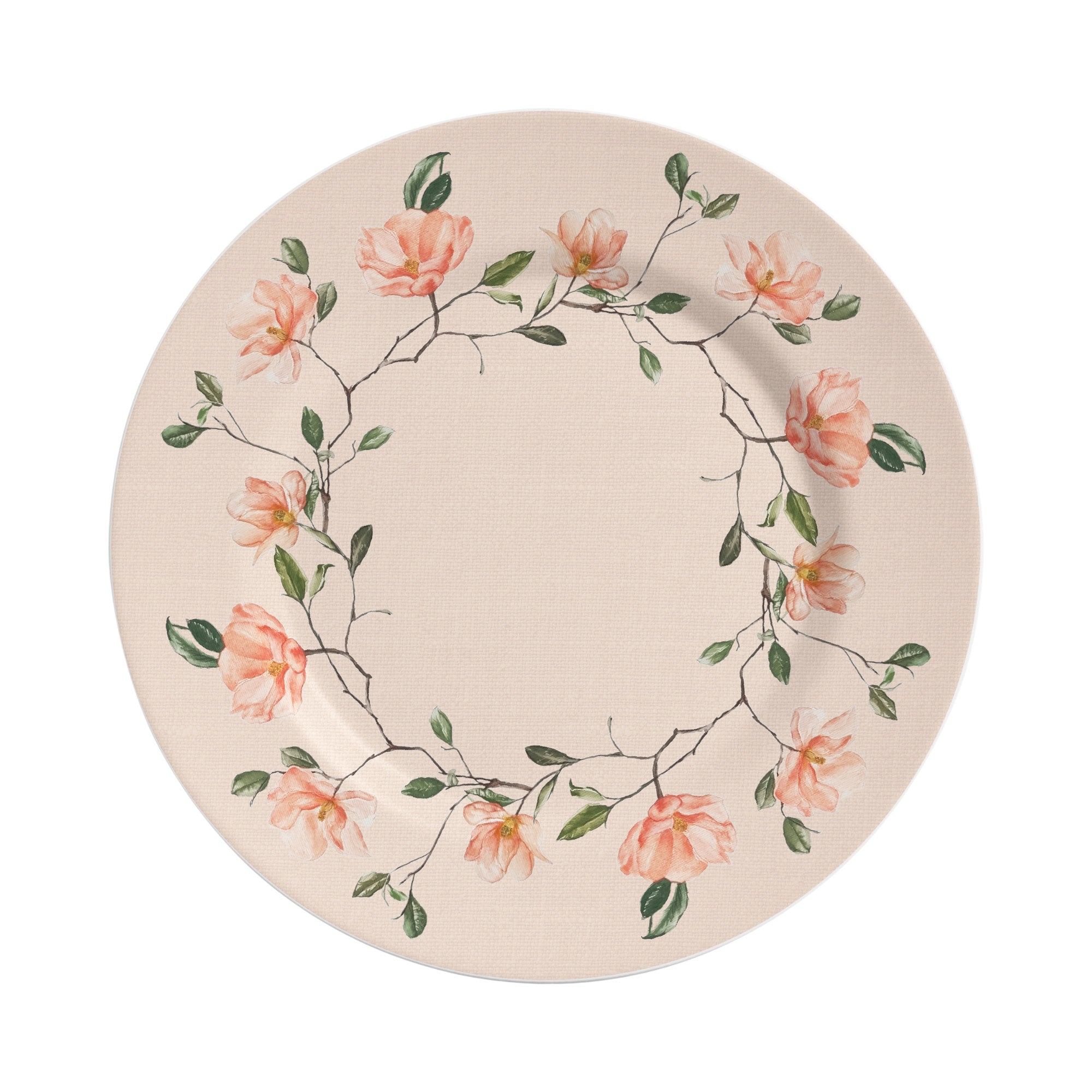 Sottopiatti in porcellana rosa decorati con magnolie rosa intrecciate in un delicata ghirlanda, a noleggio per matrimoni