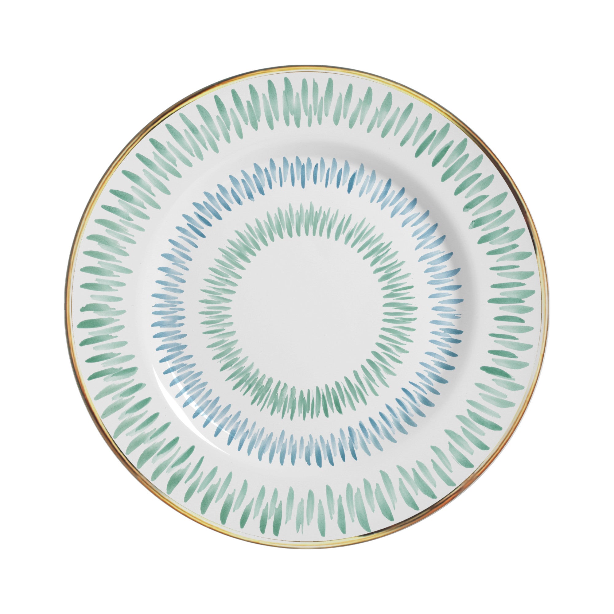 Sottopiatti in porcellana bianca decorati con raffinato motivo geometrico verde e azzurro e bordo dorato, a noleggio.