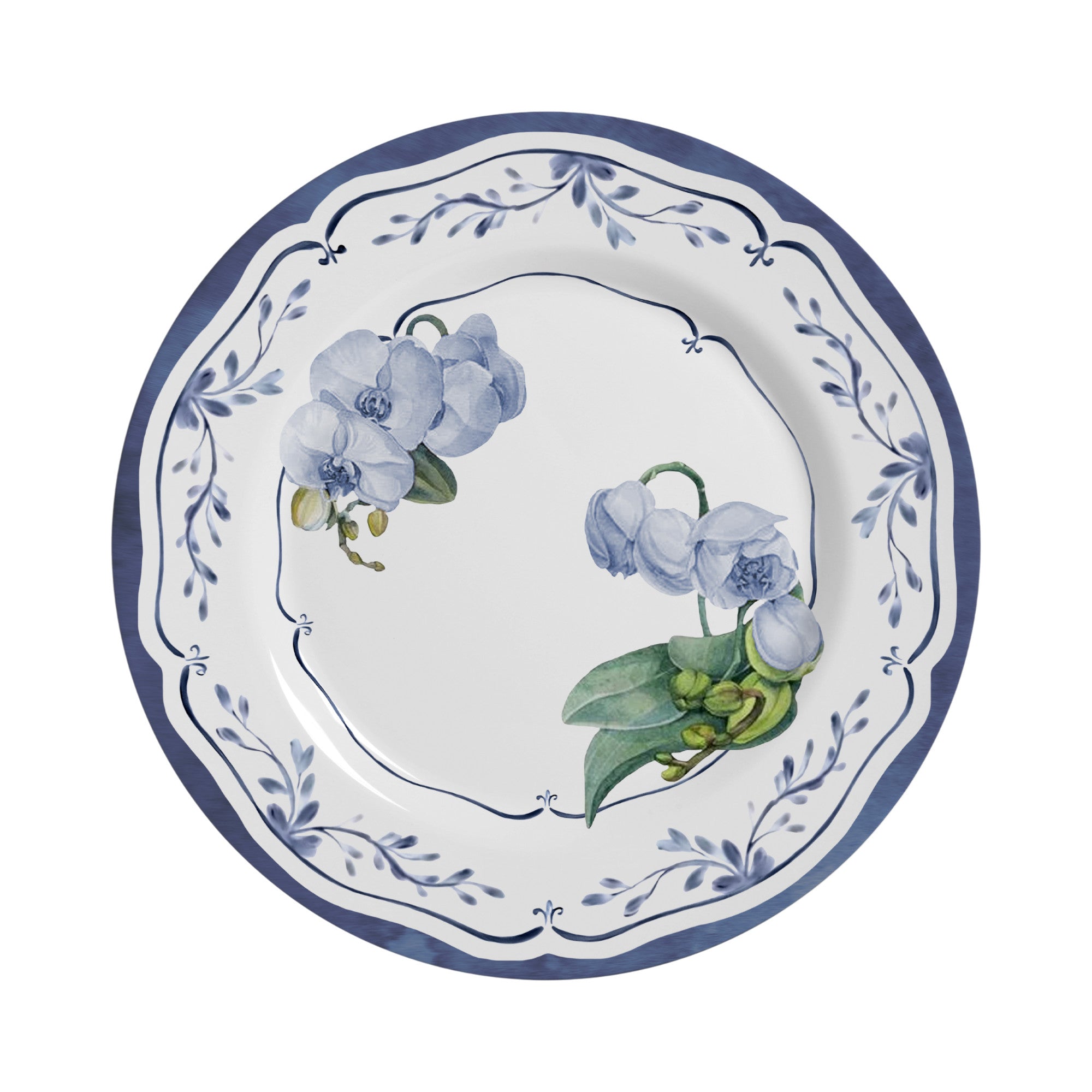 Sottopiatti in porcellana bianca decorati con motivi floreali blu, orchidea e bordo elegante, a noleggio per matrimoni