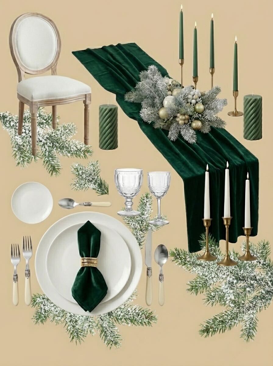 Noleggio allestimento tavola Natale di lusso - mise en place elegante verde e oro con fiori bianchi per stupire gli ospiti durante le feste