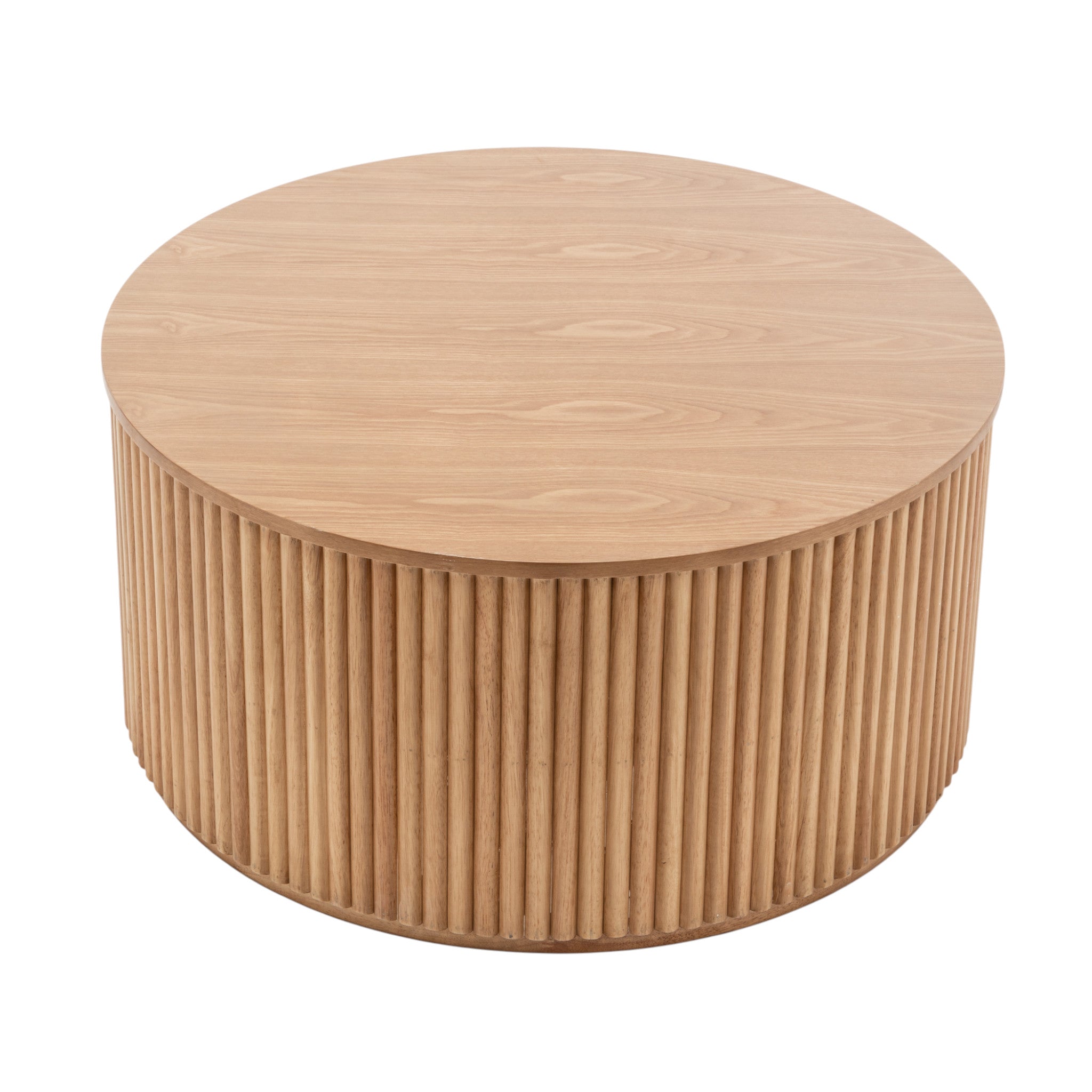 Tavolino da caffè basso rotondo in legno chiaro con base cilindrica a doghe, per lounge salotti, diametro 90, a noleggio