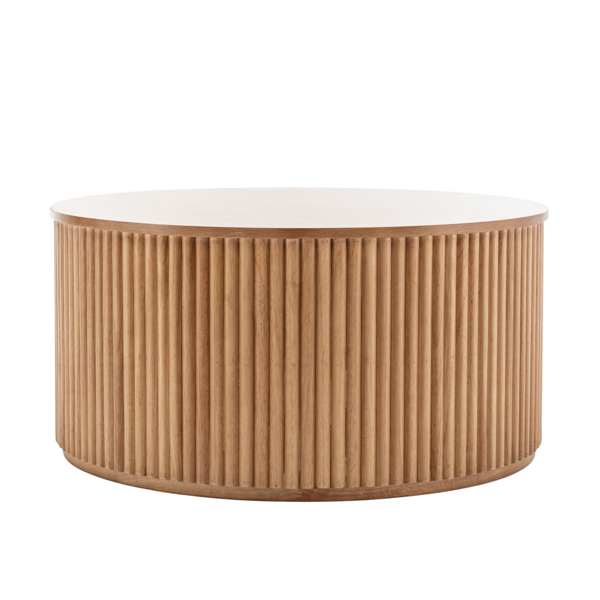 Tavolino da caffè basso rotondo in legno chiaro con base cilindrica a doghe, per lounge salotti, diametro 90, a noleggio per matrimoni