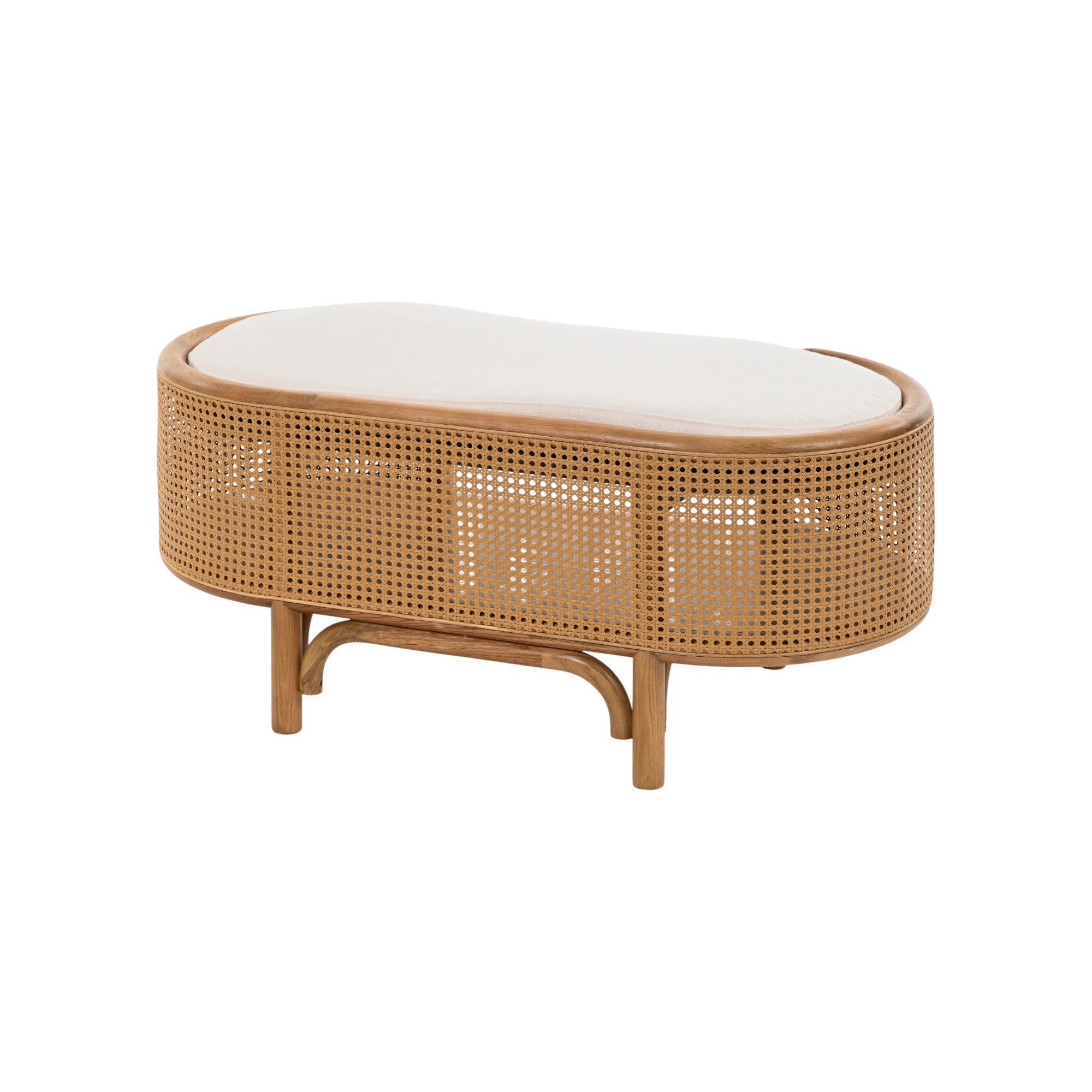 Tavolino ovale basso in legno naturale e rattan intrecciato con piano superiore imbottito color crema, a noleggio ad Anagni