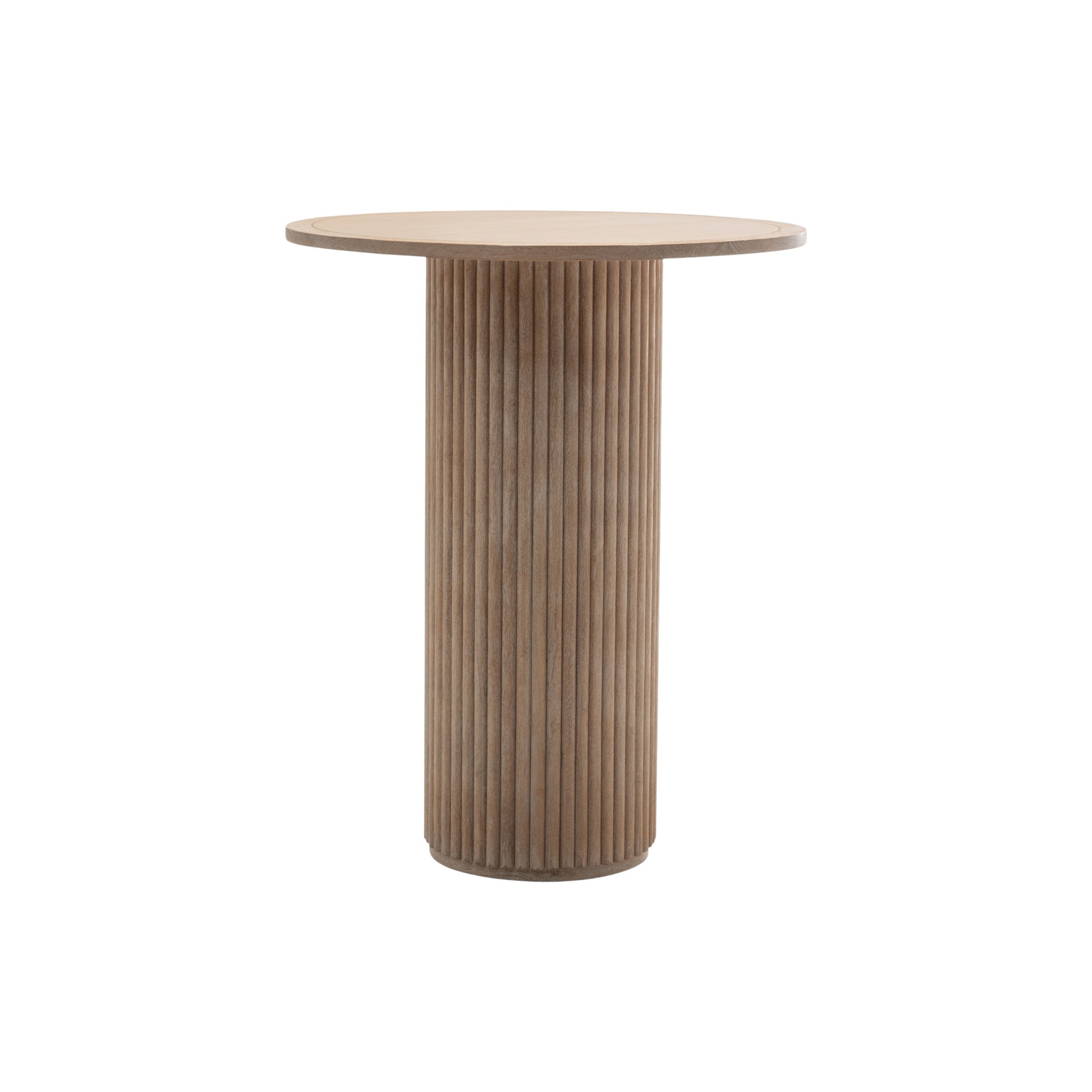 Tavolo alto da cocktail in legno a base cilindrica e doghe verticali per appoggio aperitivi buffet, diametro 90, a noleggio