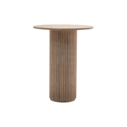 Tavolo alto da cocktail in legno a base cilindrica e doghe verticali per appoggio aperitivi buffet, diametro 90, a noleggio