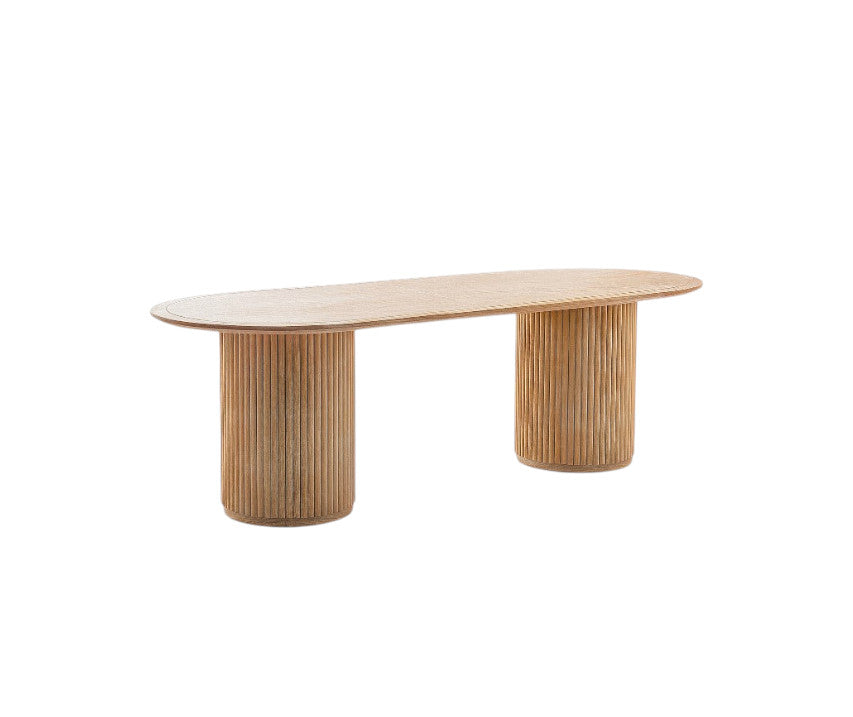 Tavolo ovale in legno rovere chiaro con doppia base cilindrica con scanalature verticali, lunghezza 240 cm, a noleggio