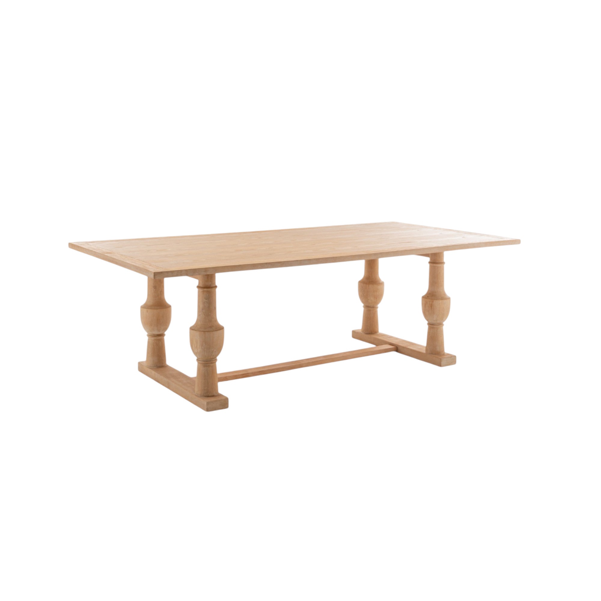 Tavolo rettangolare elegante in legno massello naturale con gambe tornite e traversa centrale, 240x120 cm, a noleggio