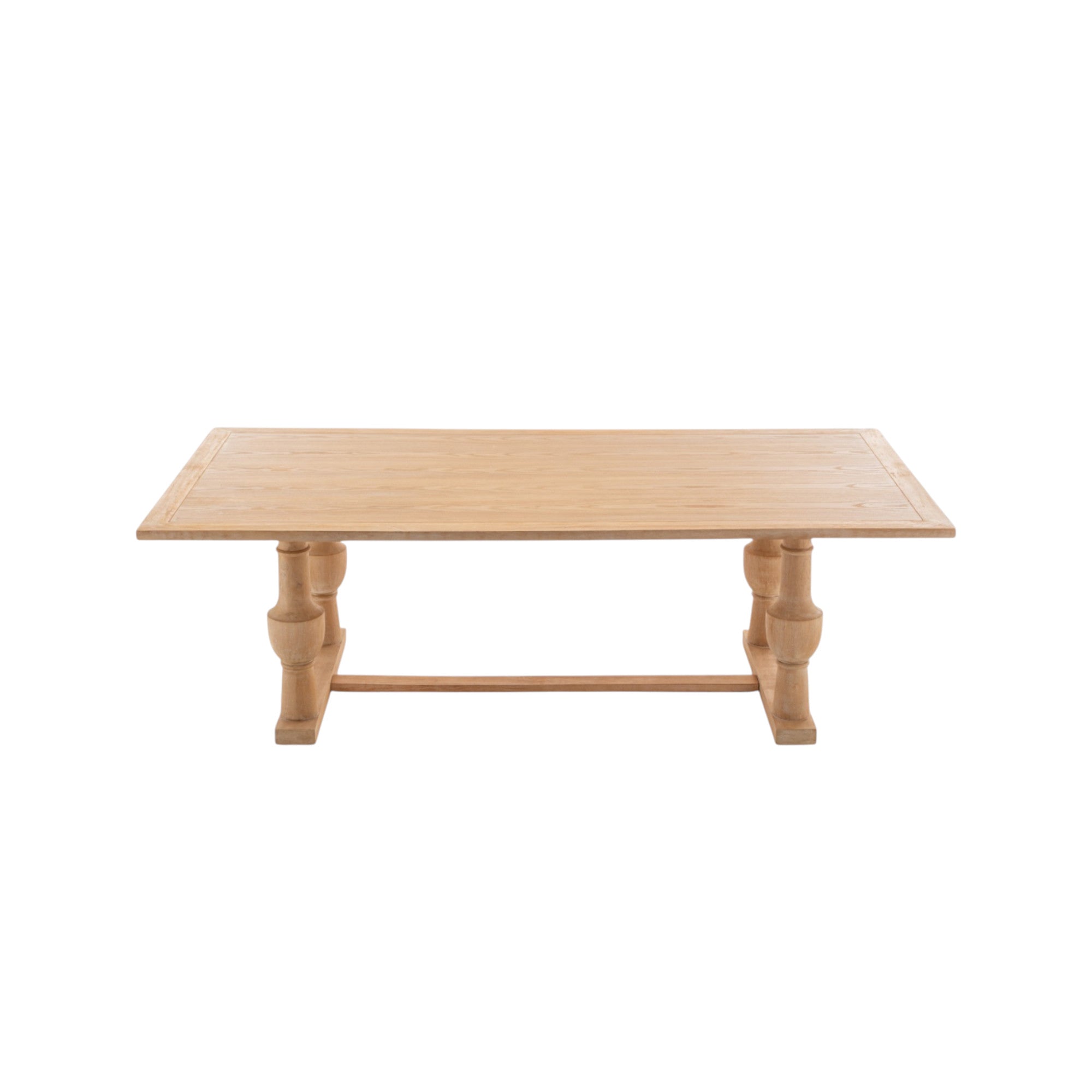 Tavolo rettangolare elegante in legno massello naturale con gambe tornite e traversa centrale, 240x120 cm, a noleggio